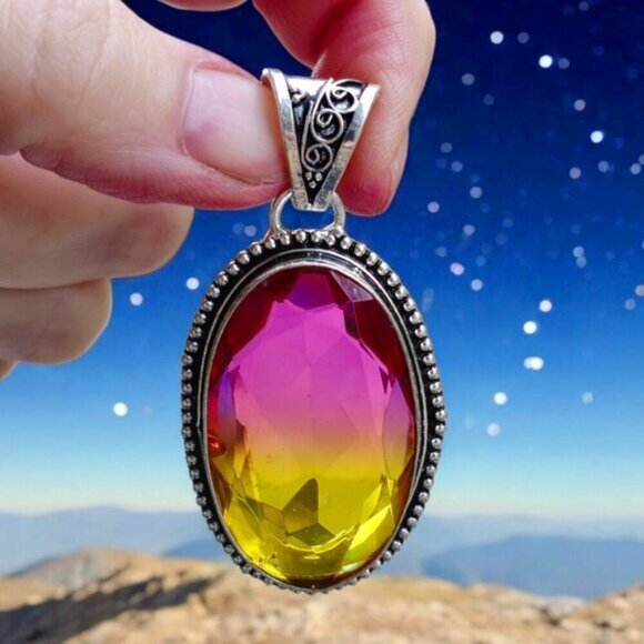 Bi-Color Tourmaline ✦ Sterling Silver Pendant ✦ Victorian Oval Pink & Yellow NWT - Picture 6 of 16